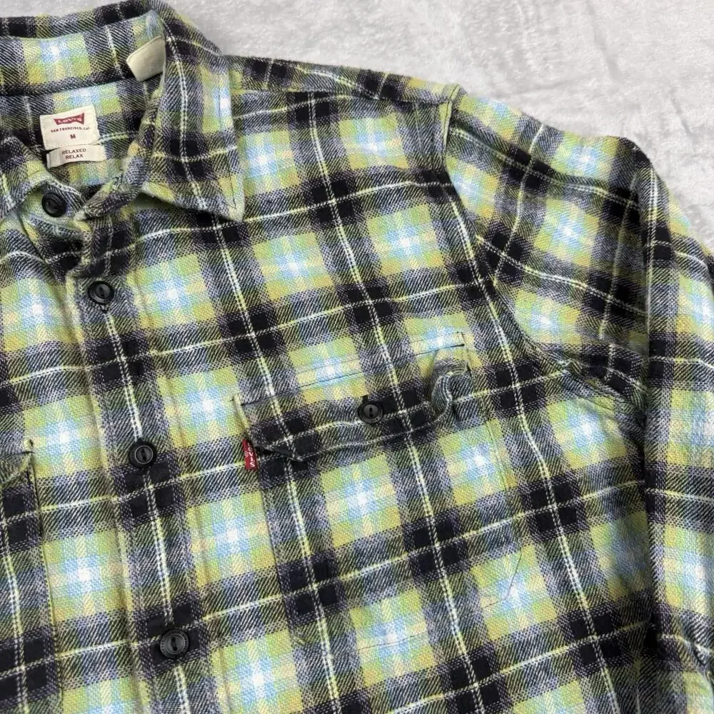 Levi’s Plaid Flannel Shirt Relaxed Fit Green Blue Yellow Men’s Medium Grunge - Picture 6 of 11